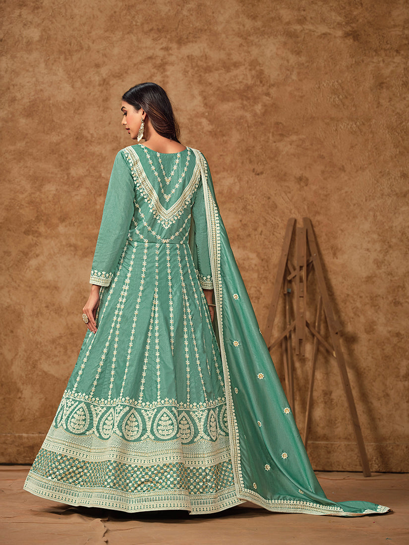 Aqua-Blue Embroidered Dola Silk Salwar Suit for Special Occasions