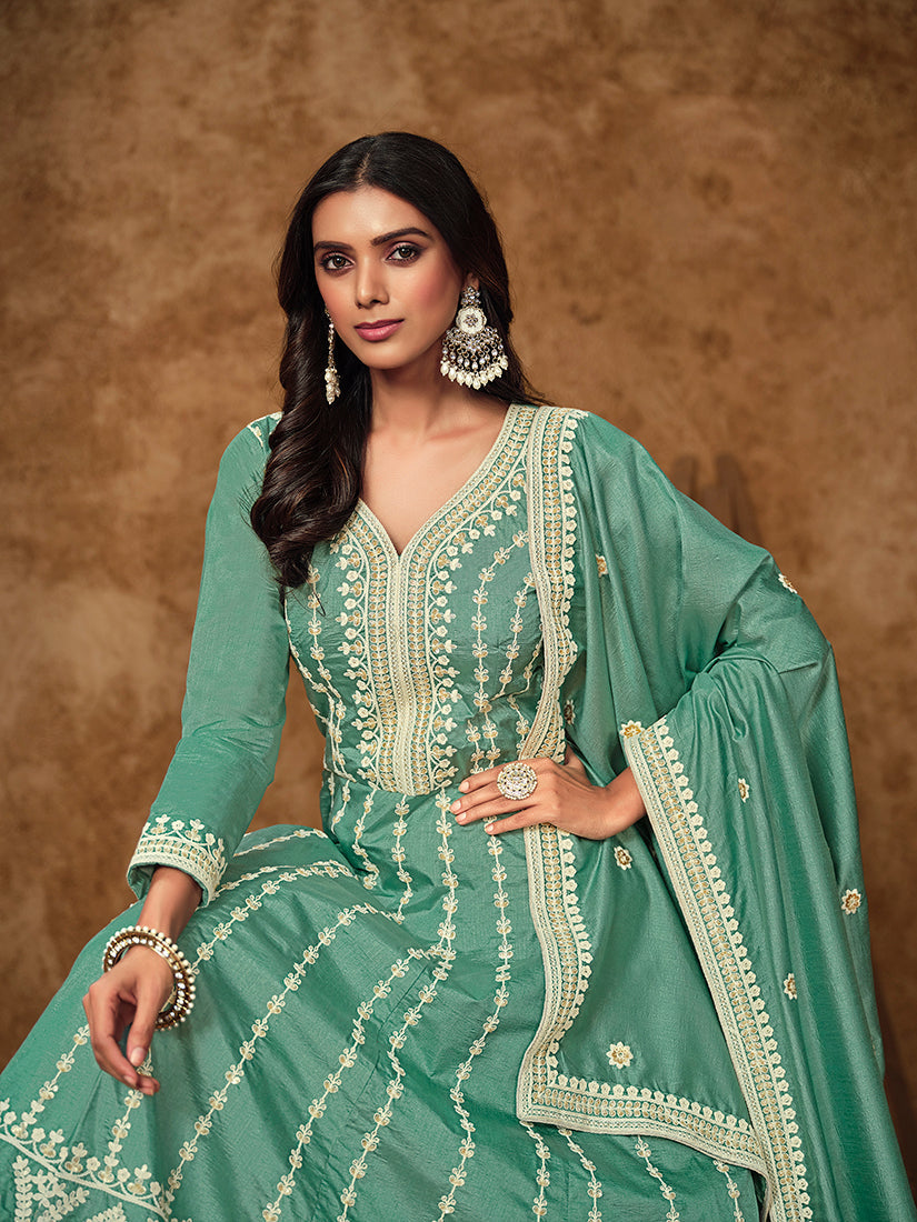 Aqua-Blue Embroidered Dola Silk Salwar Suit for Special Occasions