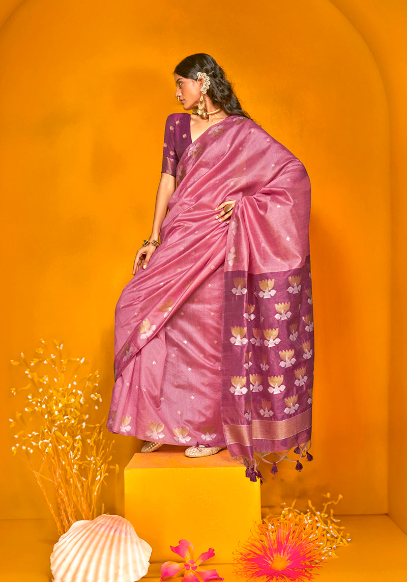 Onion Pink handloom silk saree with refined zari weaving design