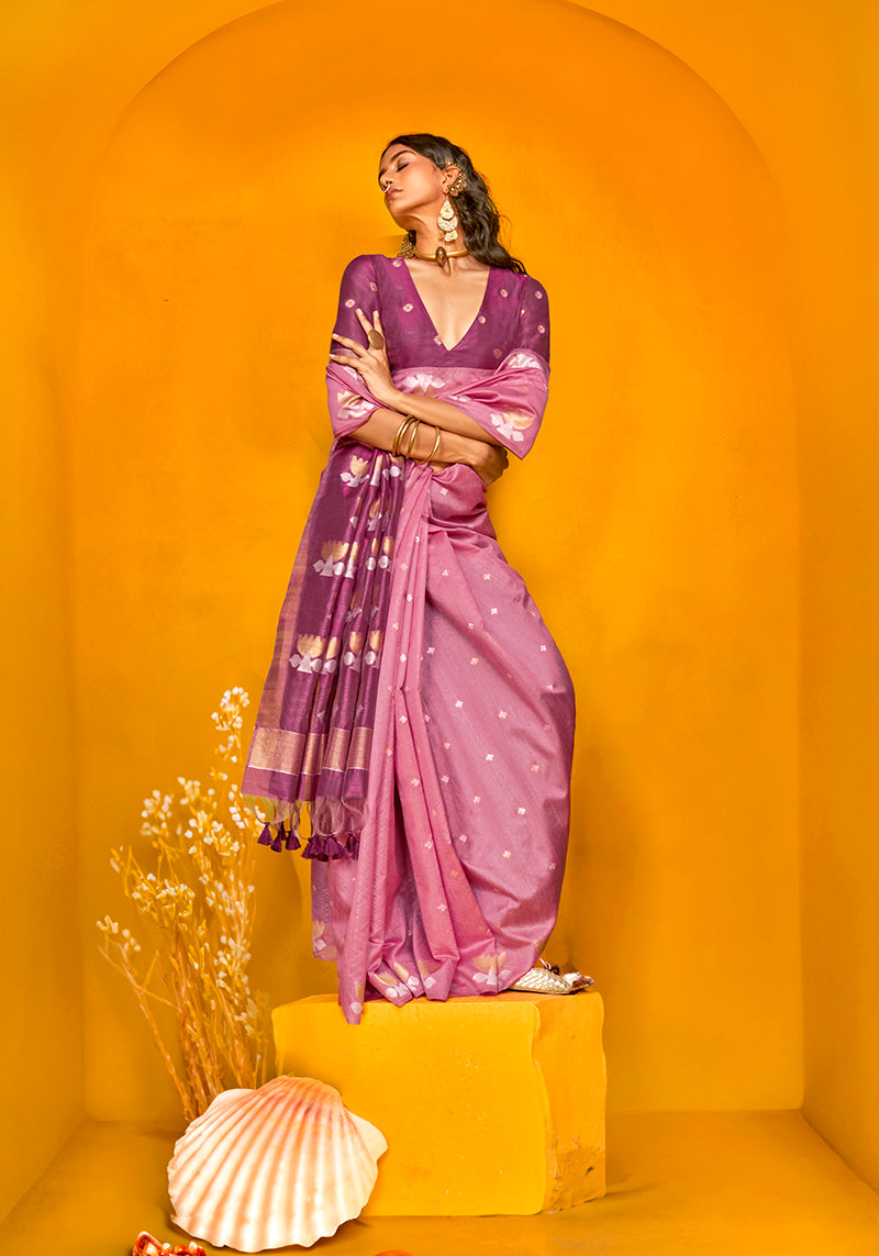 Onion Pink Handloom Silk Designer Saree with Zari Weaving
