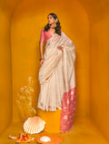 Cream color handloom silk saree with metallic zari weaving design