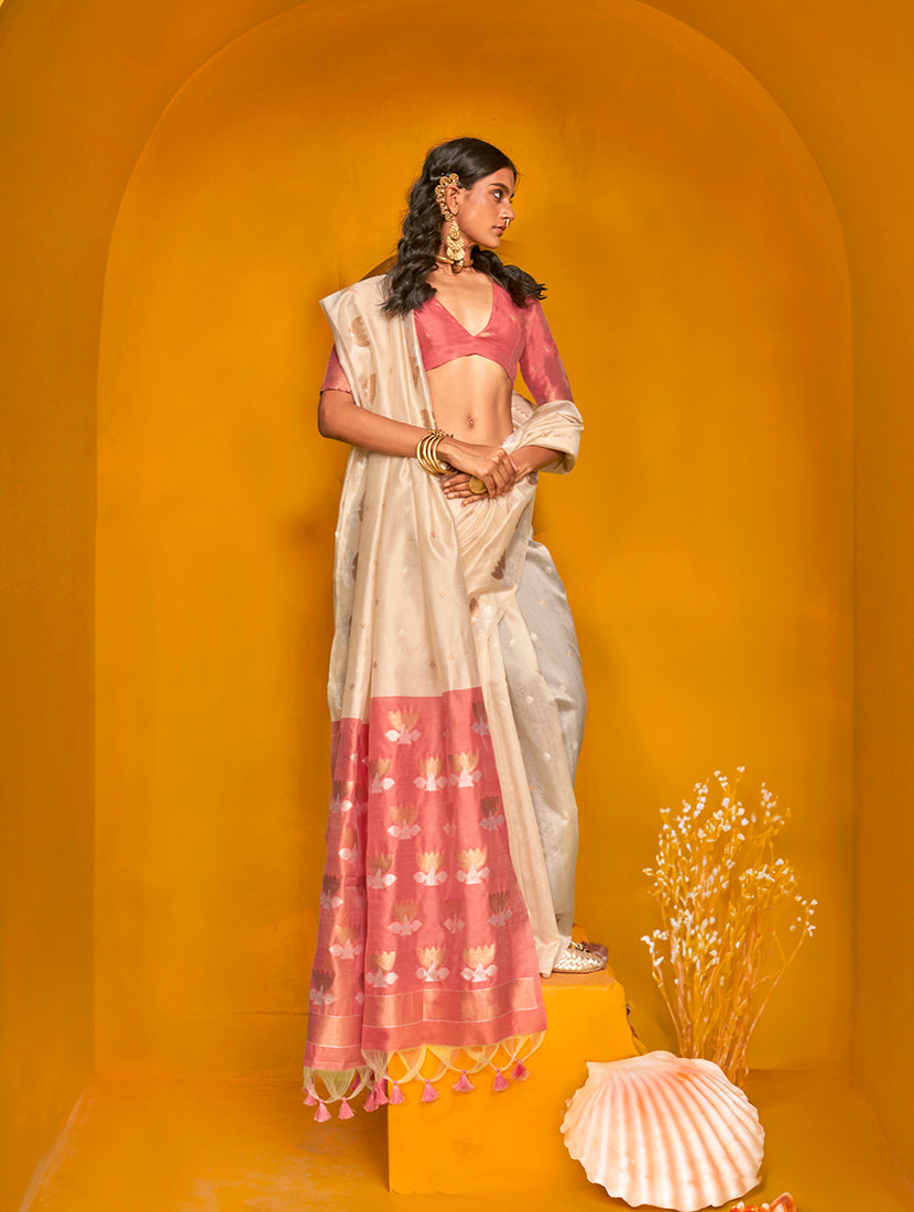 Cream Handloom Silk Saree with Traditional Zari Weaving