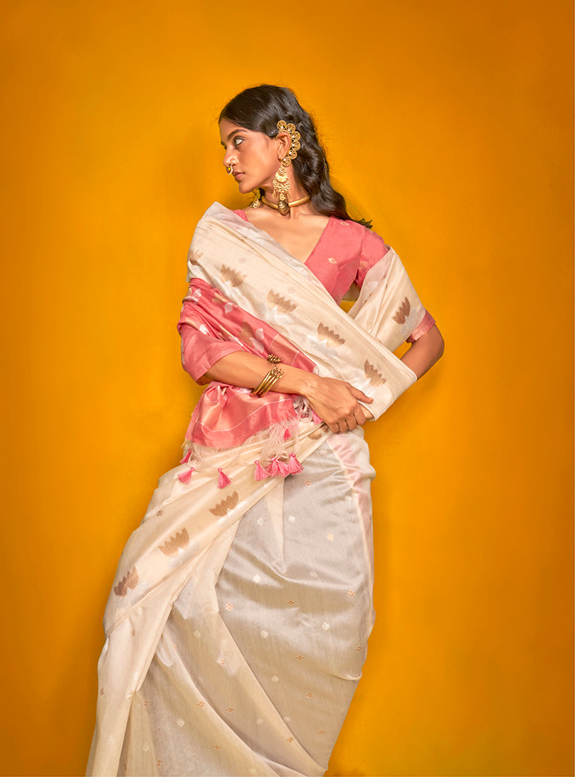Cream Handloom Silk Saree with Traditional Zari Weaving