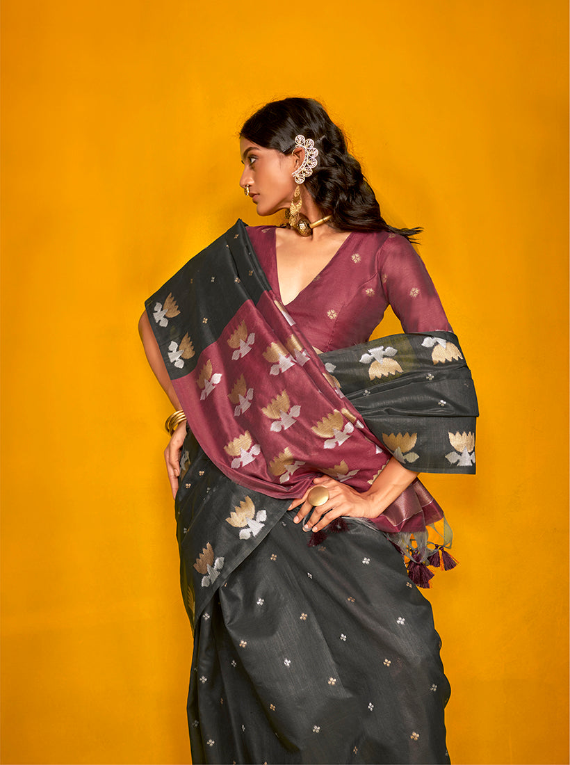 Black Handloom Silk Zari Weave Designer Saree for Women