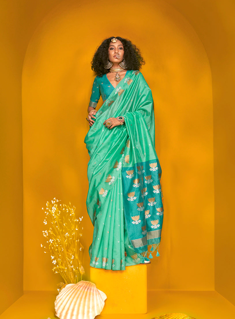 Monjolika Fashion Sea Green Handloom Silk Weaving Zari Designer Saree