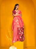 Monjolika Fashion Peach Handloom Silk Weaving Zari Designer Saree