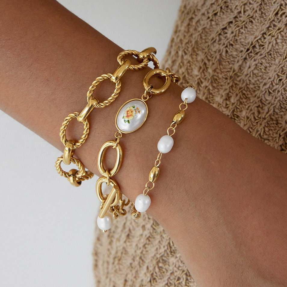 18K Gold Plated Titanium Steel Freshwater Pearl Link Bracelet