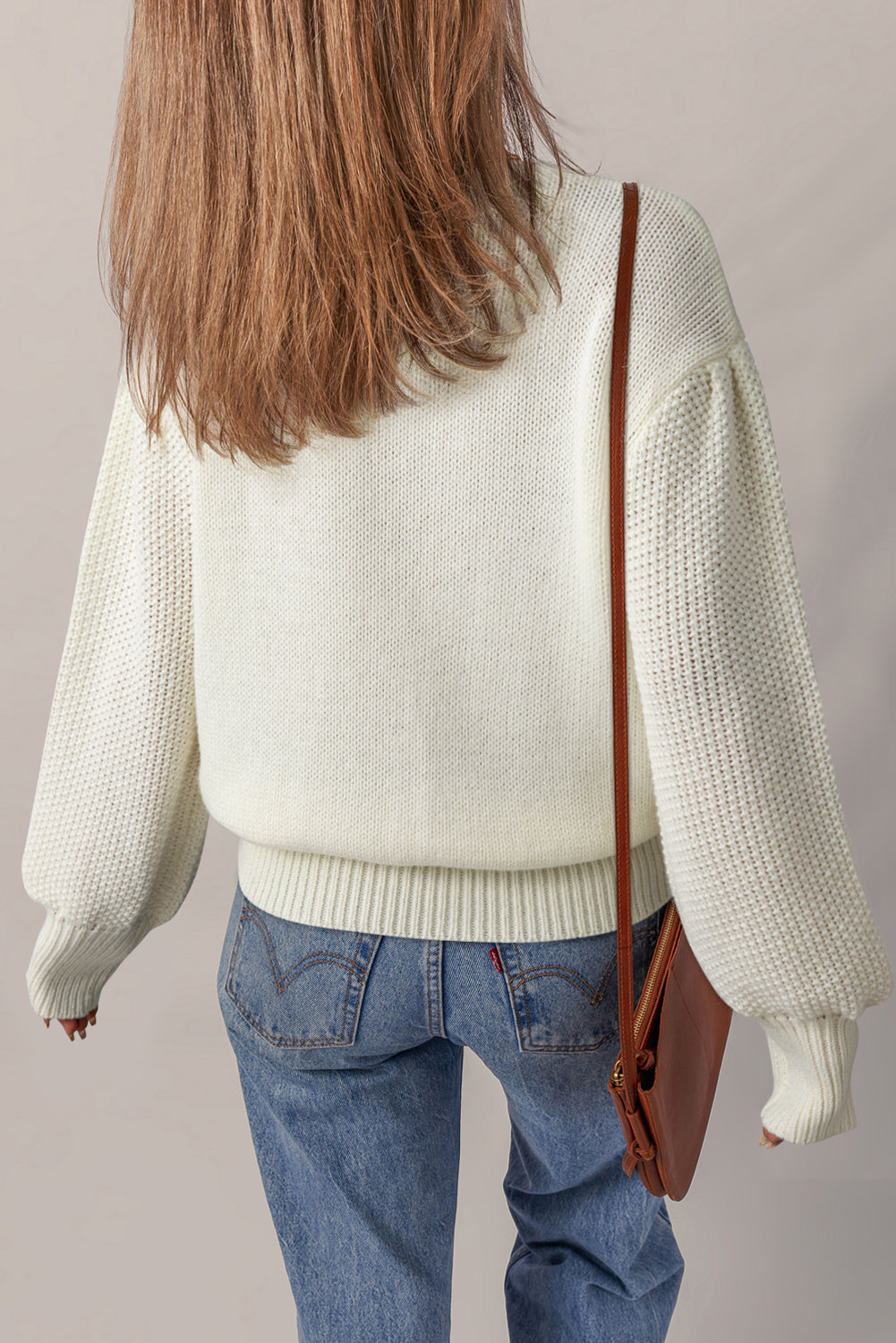 White Textured Puff Sleeve Sweater with Floral Applique Detail - Image 2
