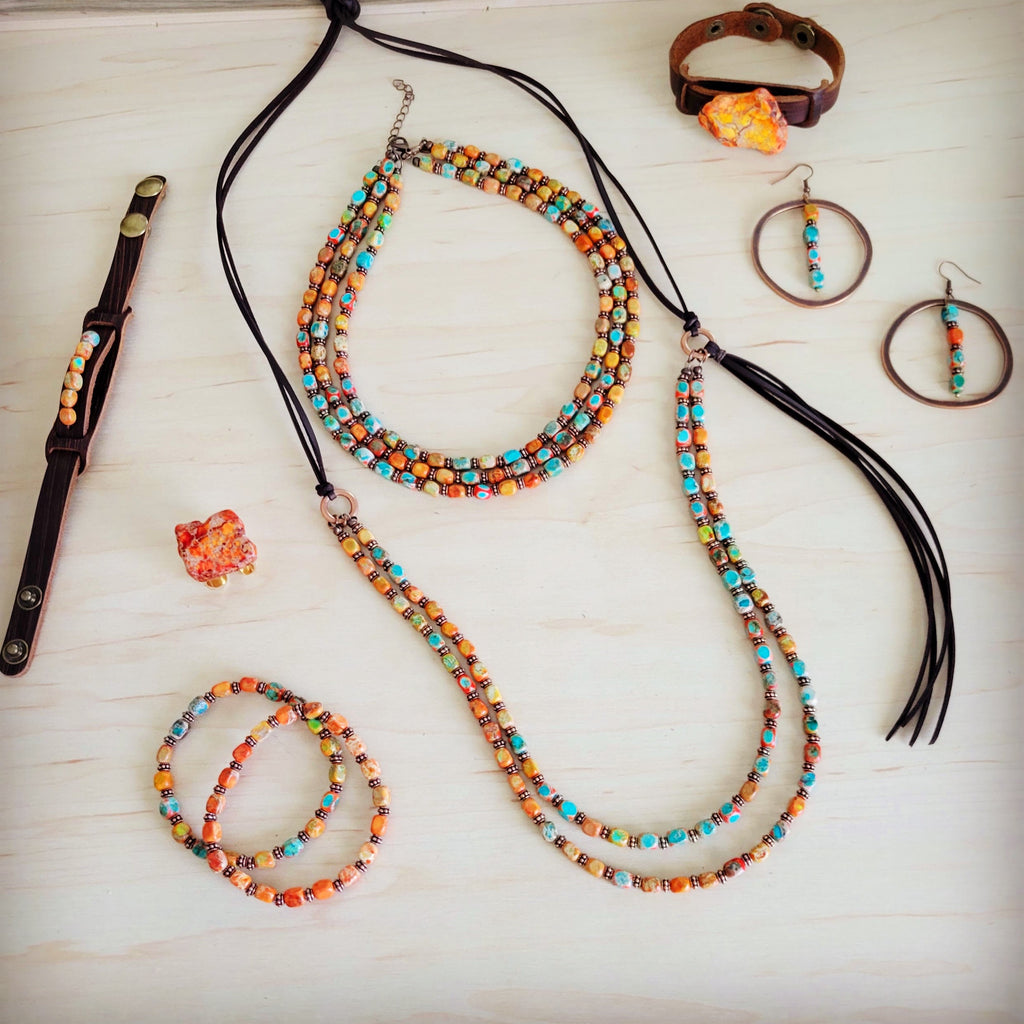Sunrise Regalite Double Strand Beaded necklace w/ Tassel 264p