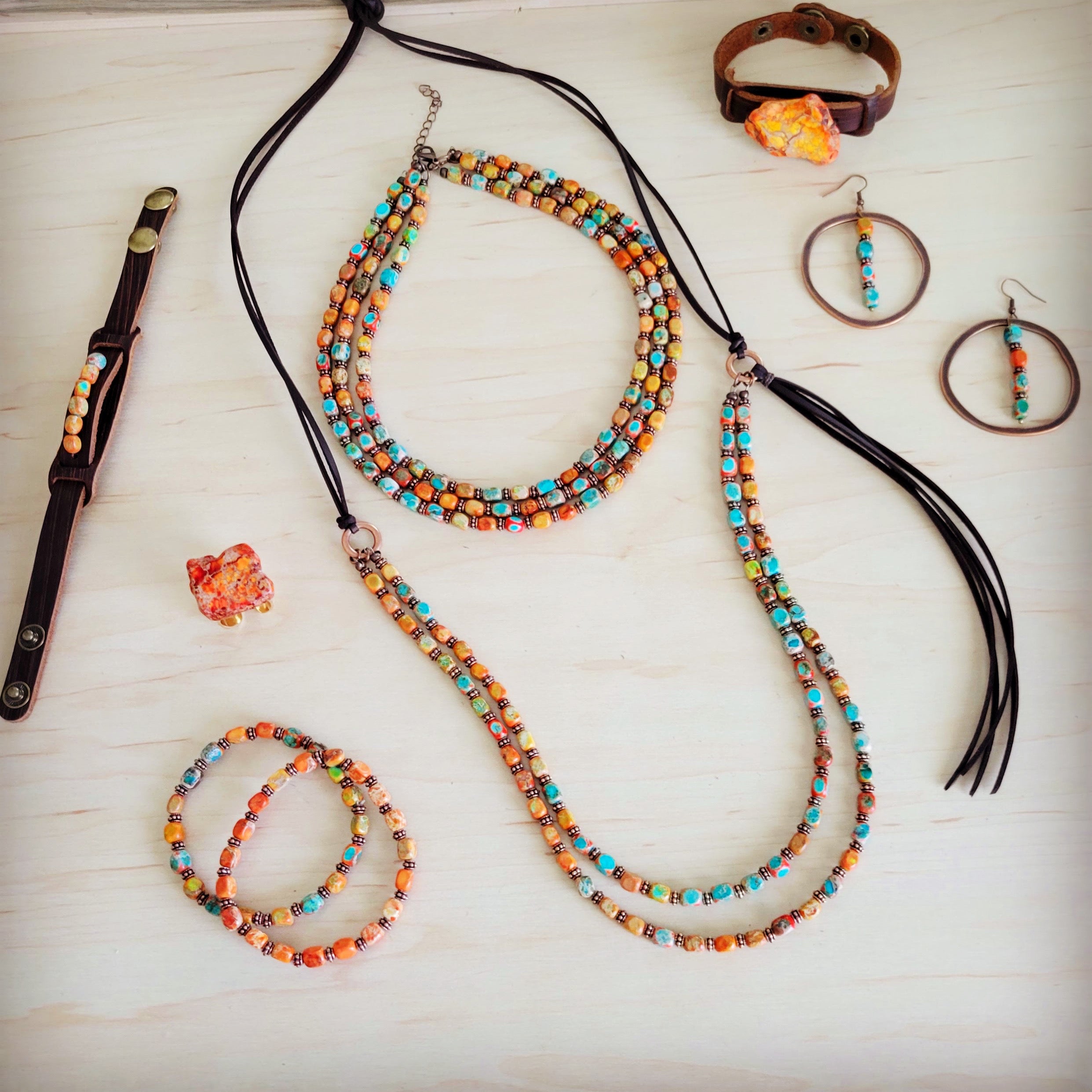 Sunrise Regalite Double Strand Beaded necklace w/ Tassel 264p
