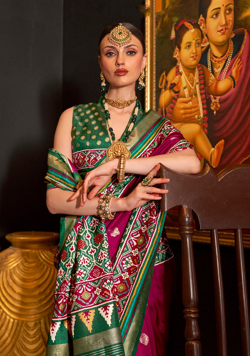 Burgundy Patola Printed Silk Contemporary Saree for Ceremonies