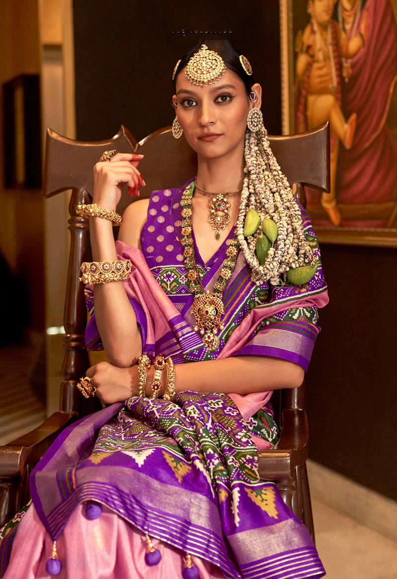 Light Pink Silk Classic Saree with Traditional Patola Print