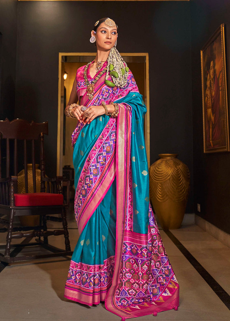 Blue Patola Printed Silk Contemporary Saree for Ceremonies