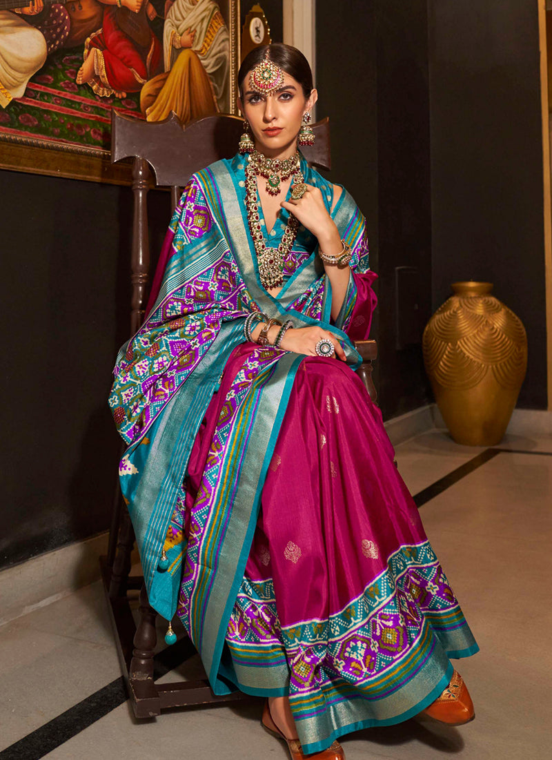 Rani Pink Silk Patola Print Designer Saree for Weddings