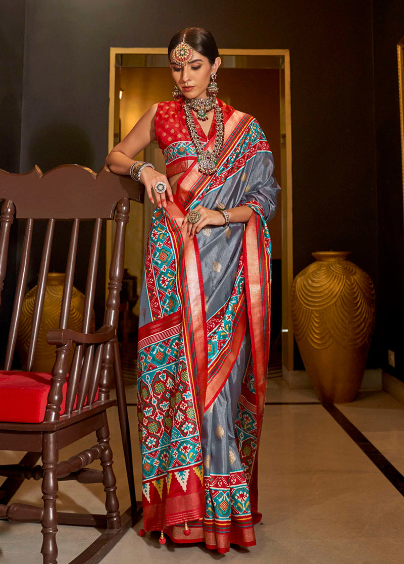 Grey silk designer saree with detailed Patola print patterns