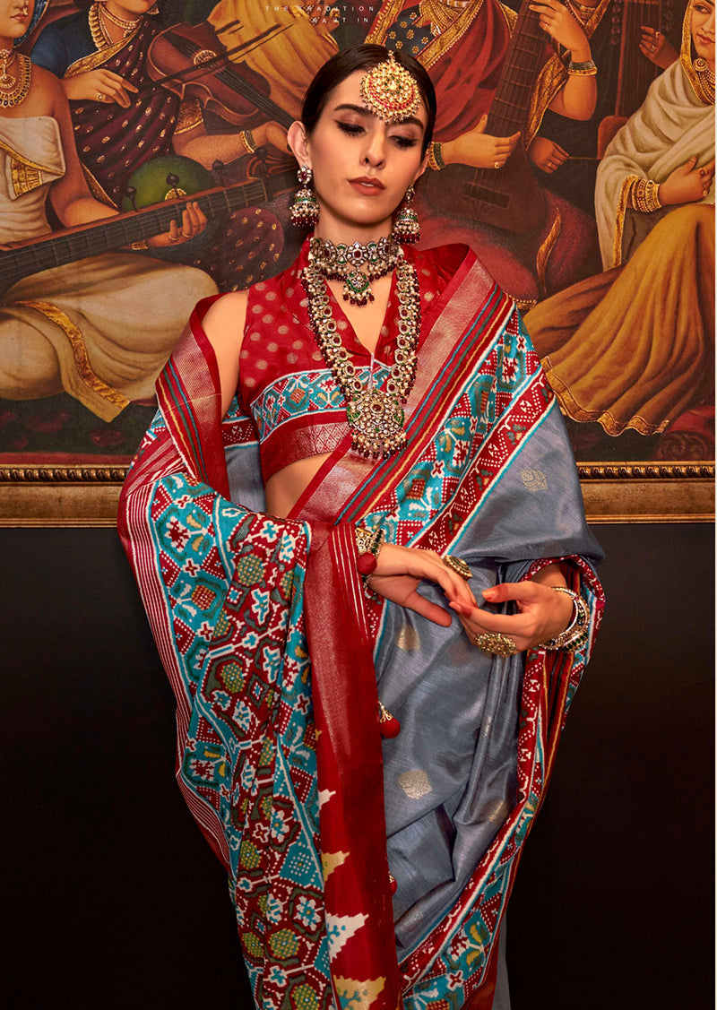 Grey Silk Patola Print Designer Saree for Elegant Events