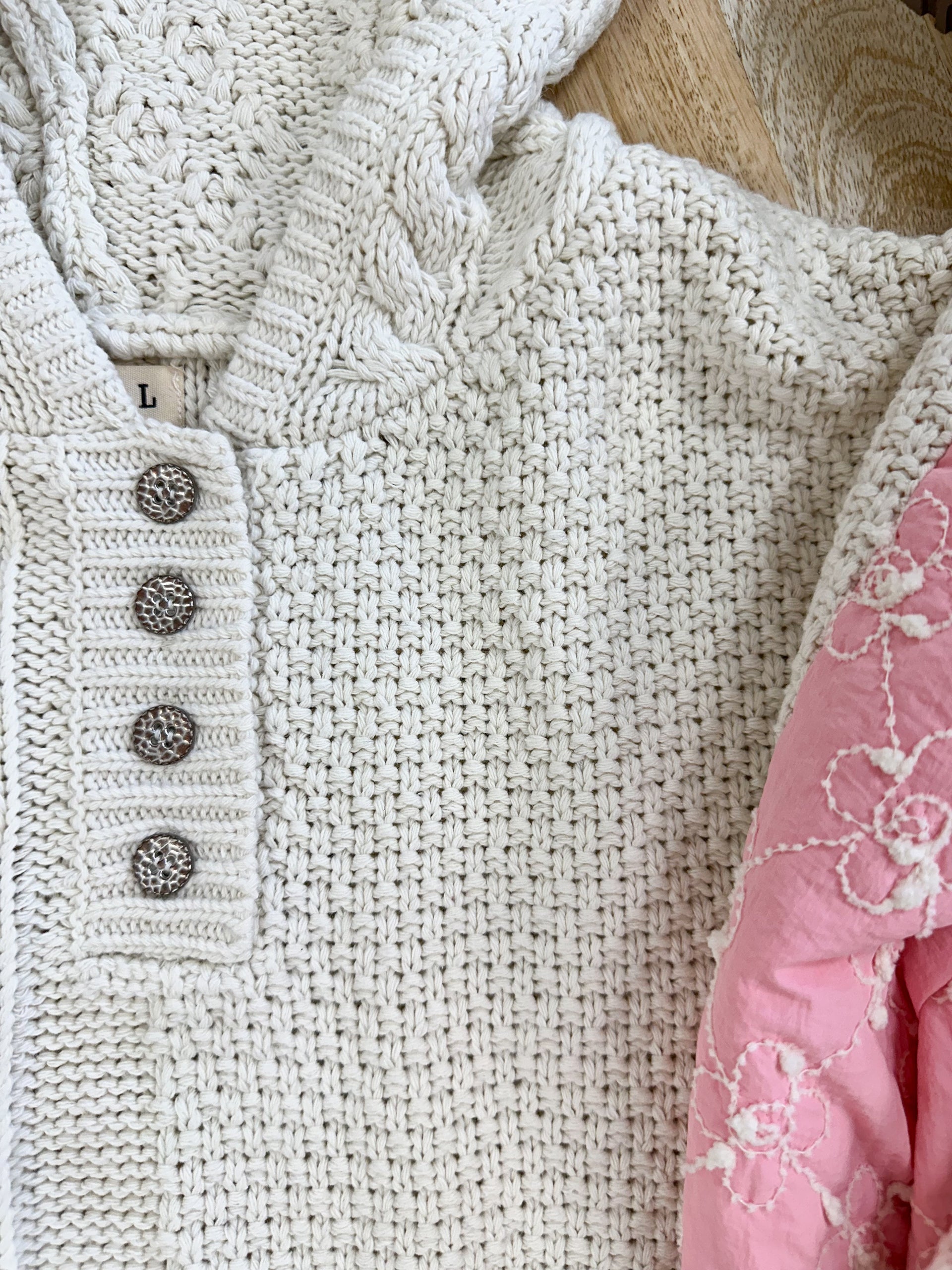 Pink Blossom Quilted Cotton Hoodie Sweater with Metal Buttons
