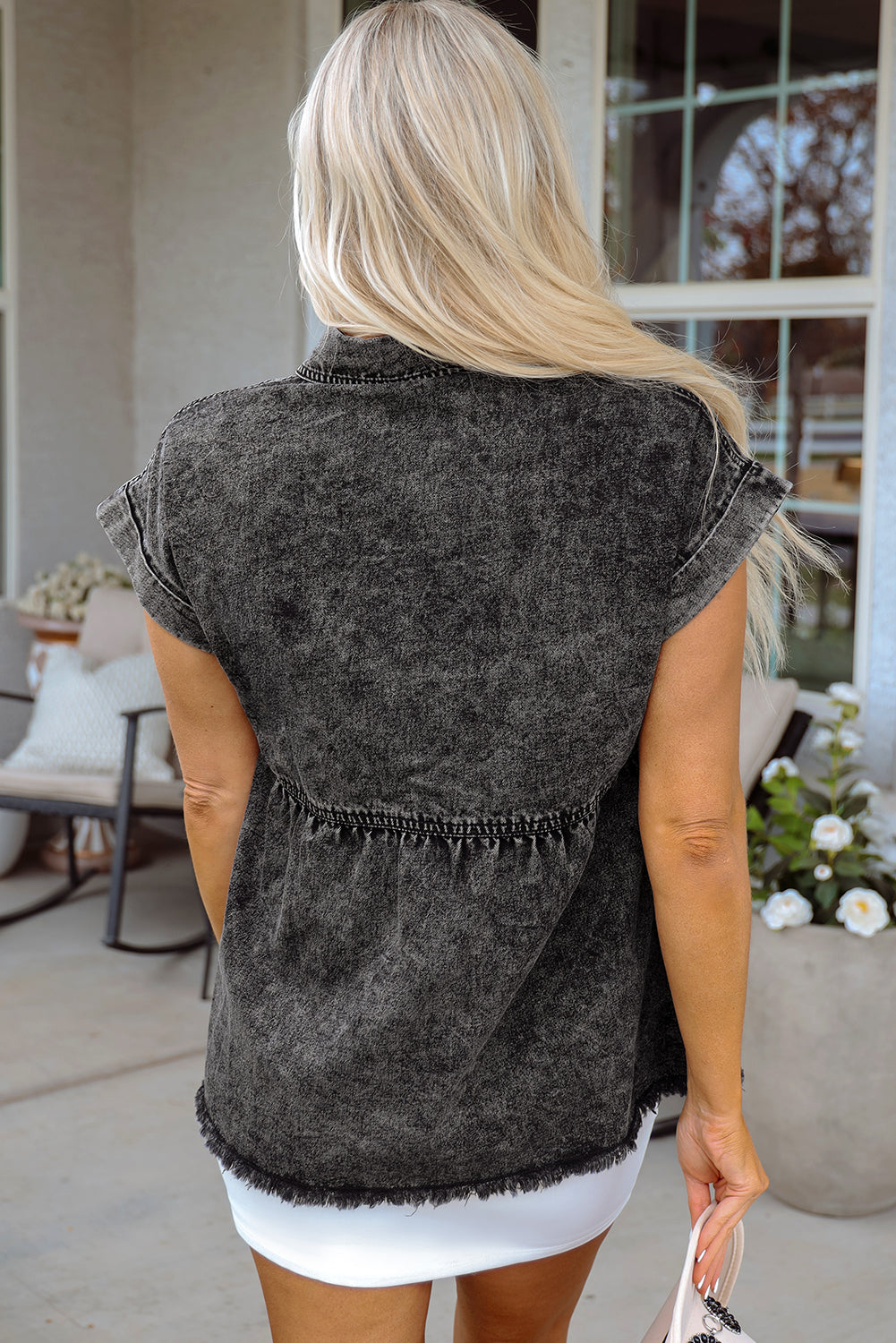 Black Short Sleeve Button Up Raw Hem Denim Shirt