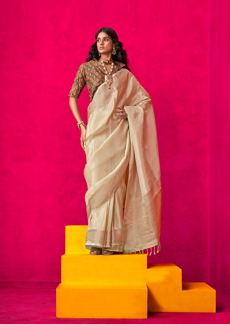 Classic cream tissue silk weaving saree perfect for traditional occasions