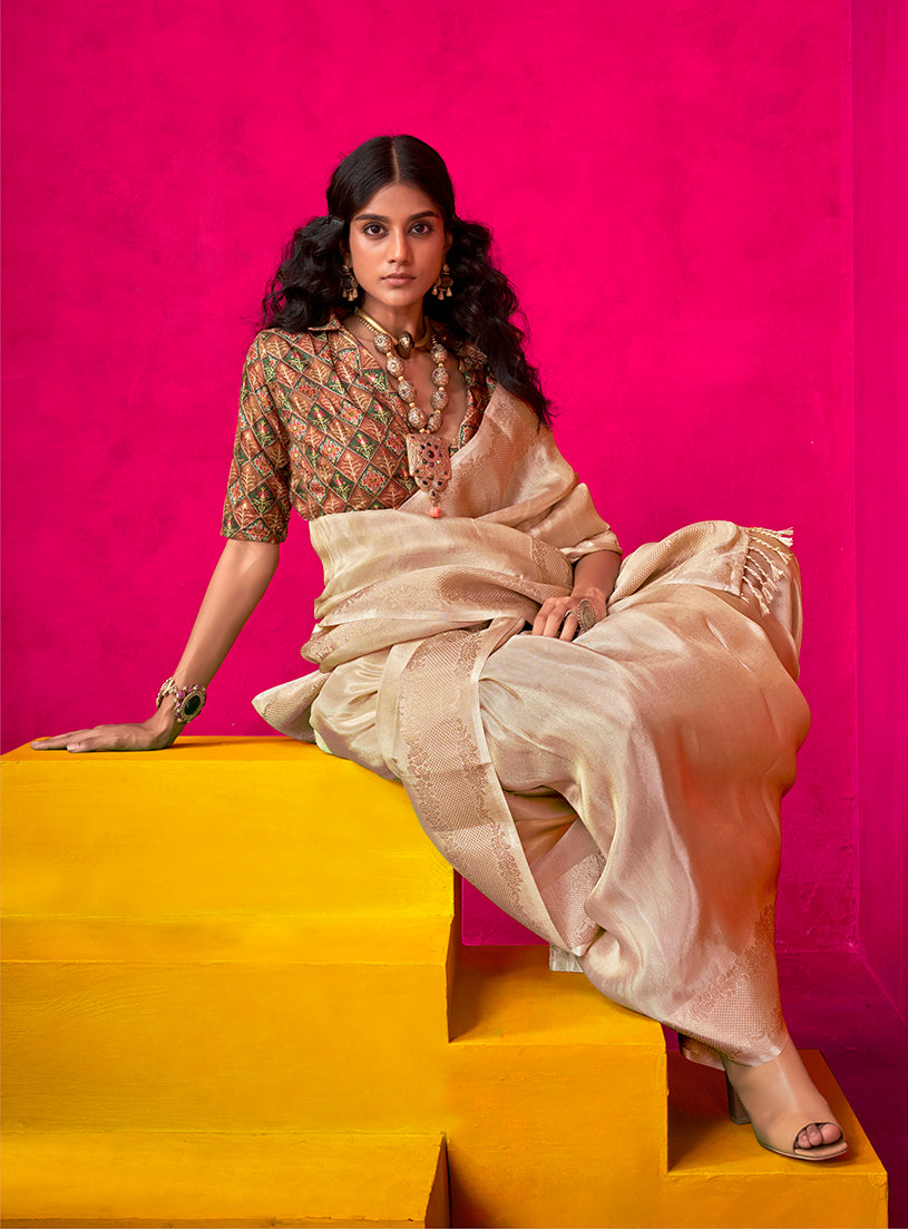 Cream Tissue Silk Weaving Traditional Saree