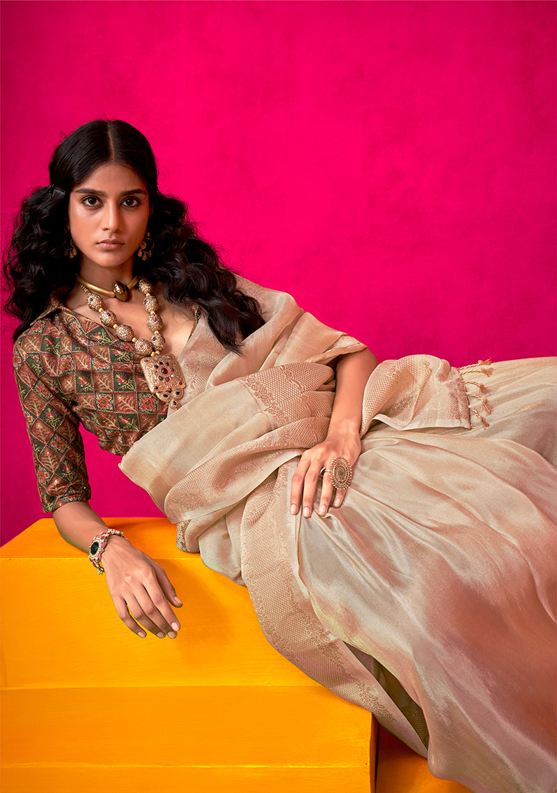 Cream Tissue Silk Weaving Traditional Saree