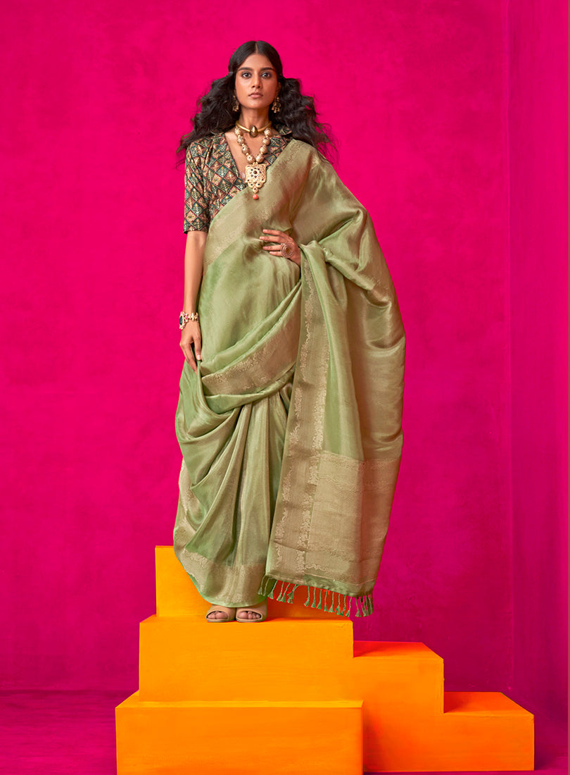 Green Weaving Tissue Silk Traditional Saree with Blouse