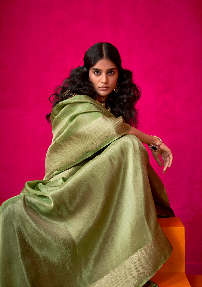 Green Weaving Tissue Silk Traditional Saree with Blouse