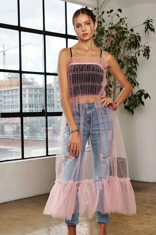 Pink ruffled mesh beach cover-up dress with a bohemian and feminine style