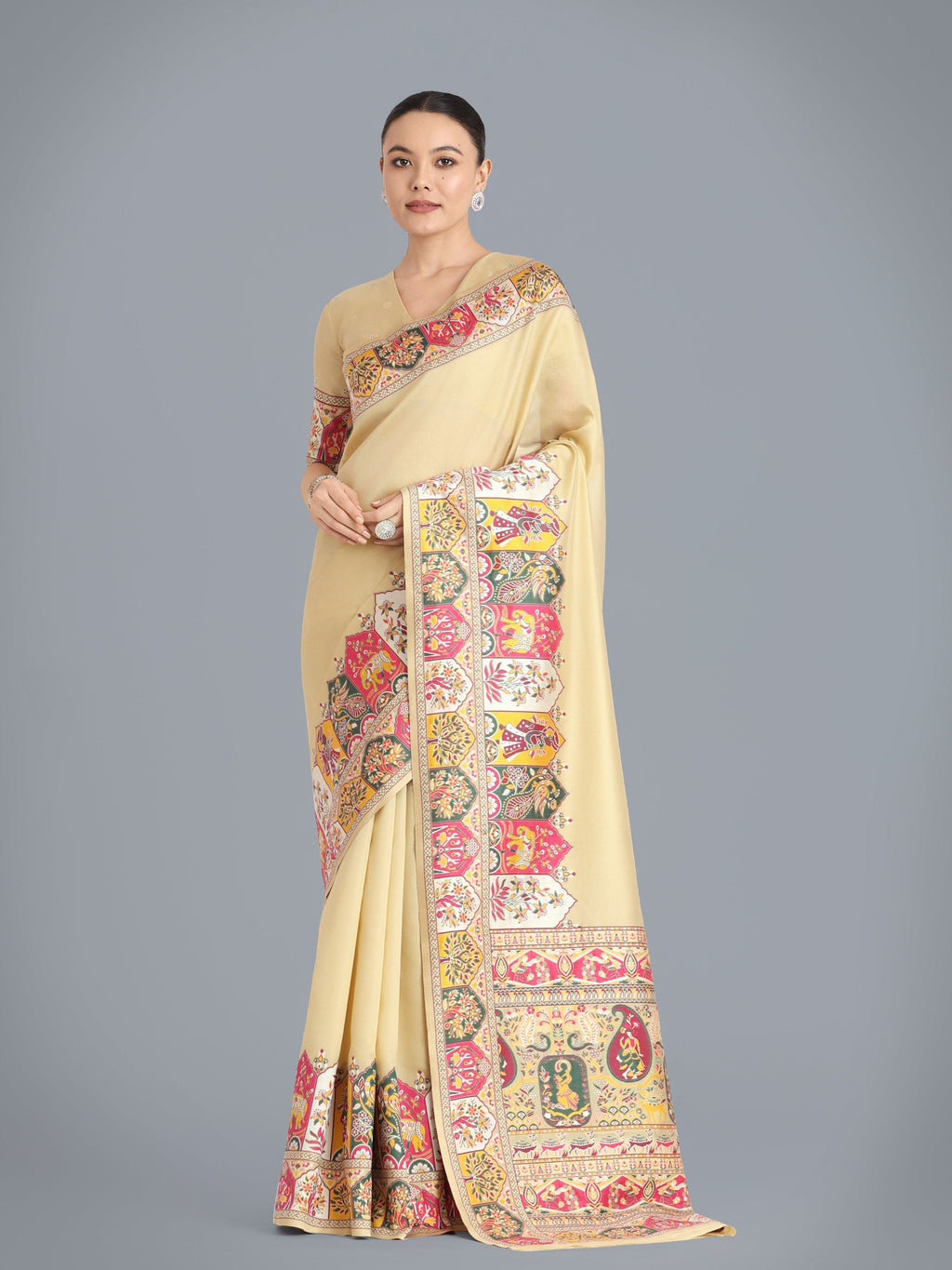 Beige Pashmina silk saree with elegant gold zari woven patterns and matching blouse piece