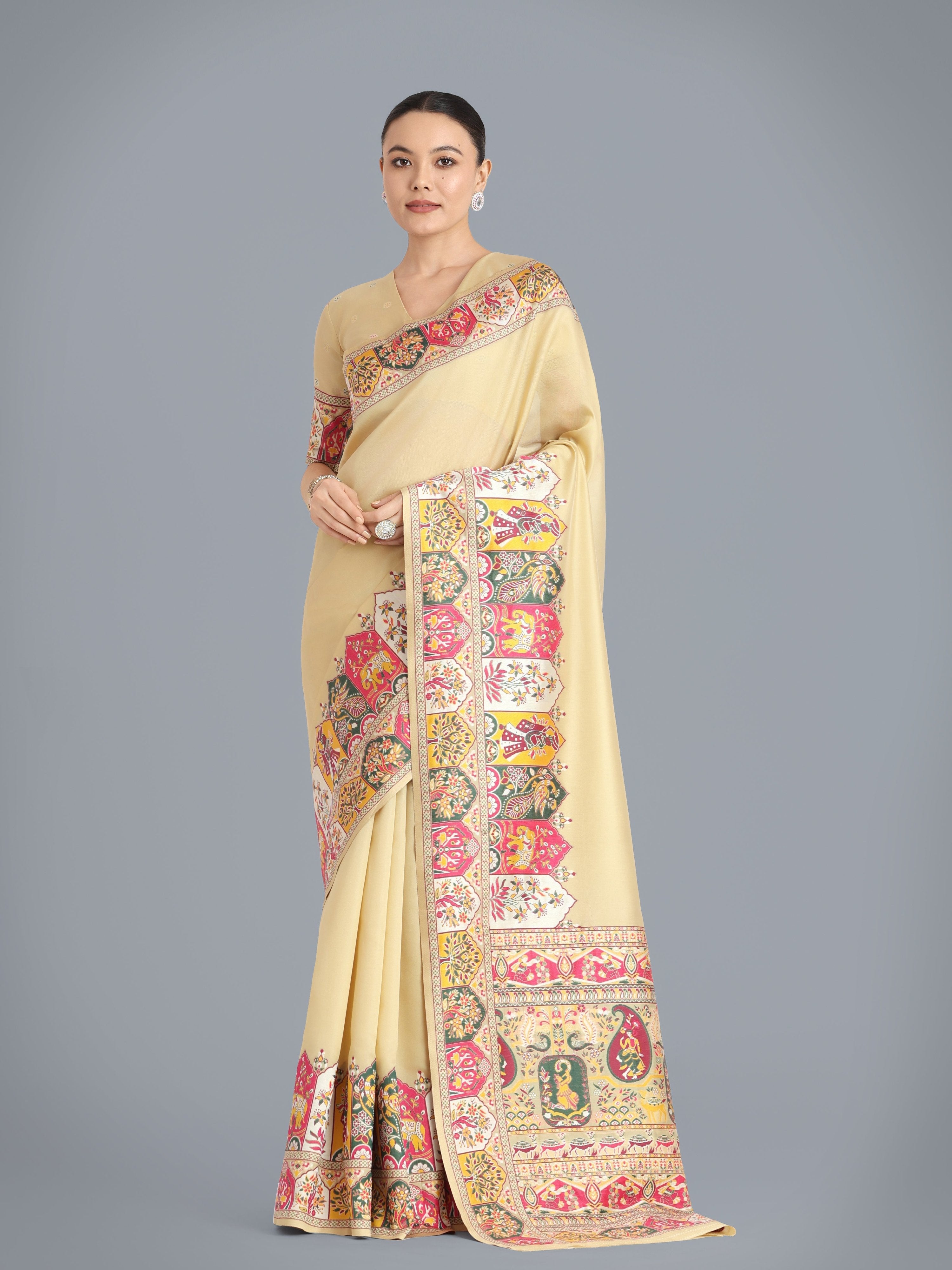 Beige Pashmina silk saree with elegant gold zari woven patterns and matching blouse piece