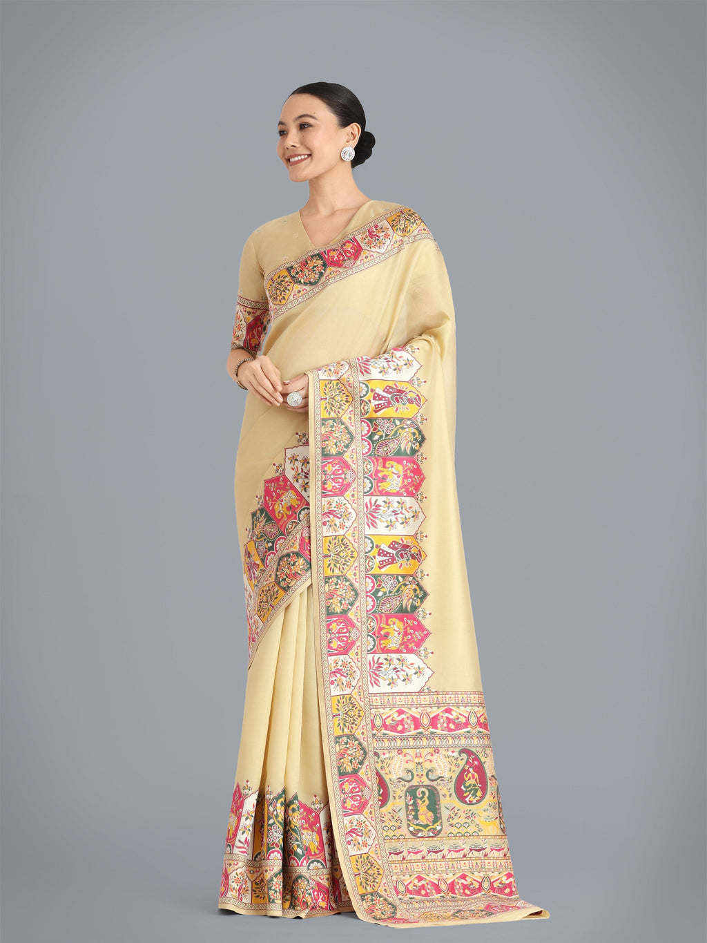 Beige Pashmina Silk Saree with Gold Zari Weave Unstitched