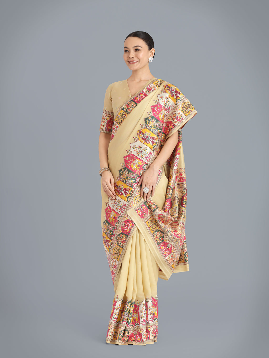 Beige Pashmina Silk Saree with Gold Zari Weave Unstitched