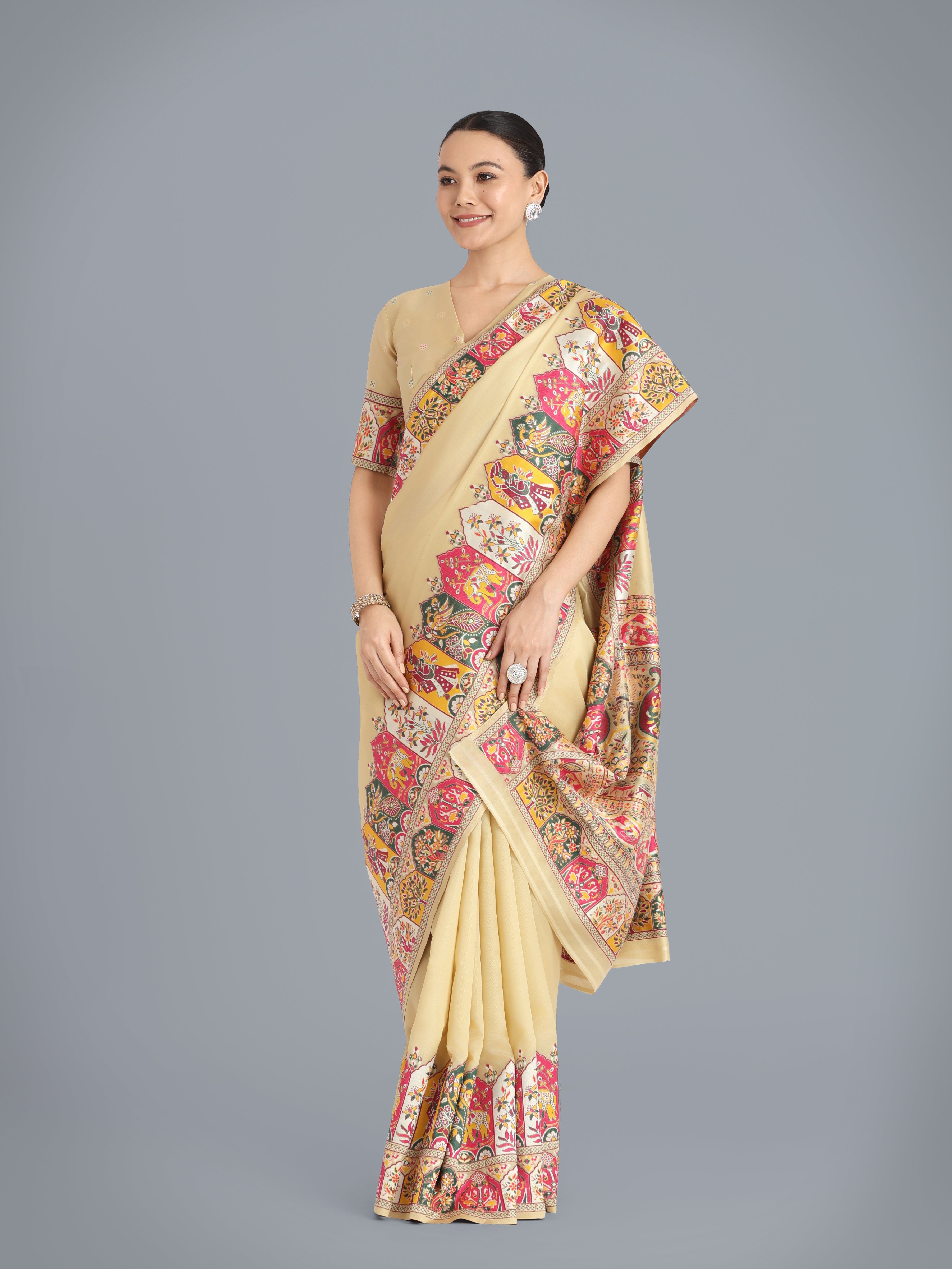 Beige Pashmina Silk Saree with Gold Zari Weave Unstitched