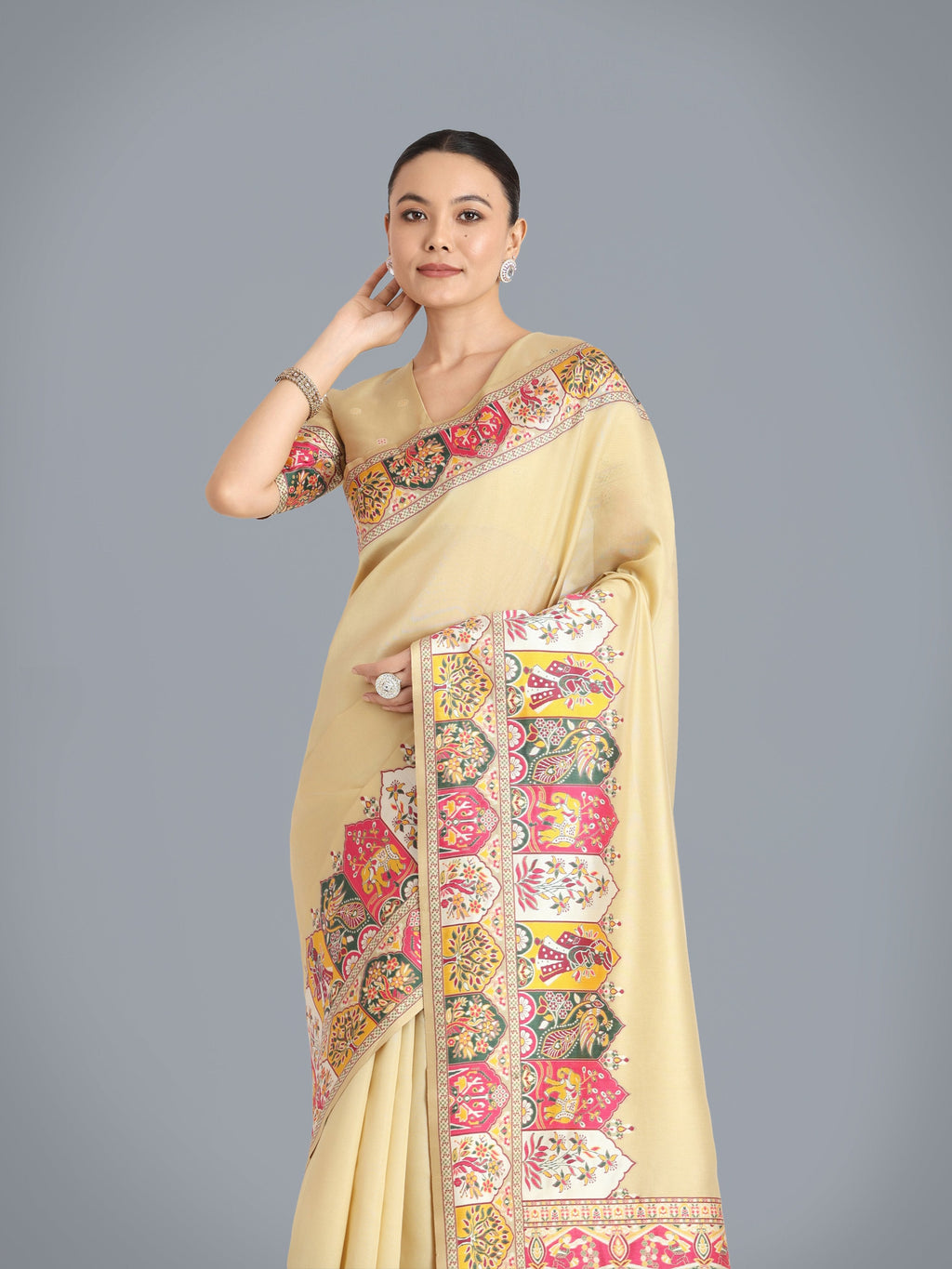 Beige Pashmina Silk Saree with Gold Zari Weave Unstitched