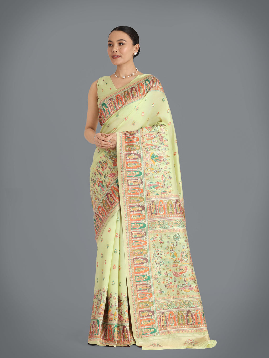 Pista colored Pashmina Silk saree with intricate gold zari woven patterns