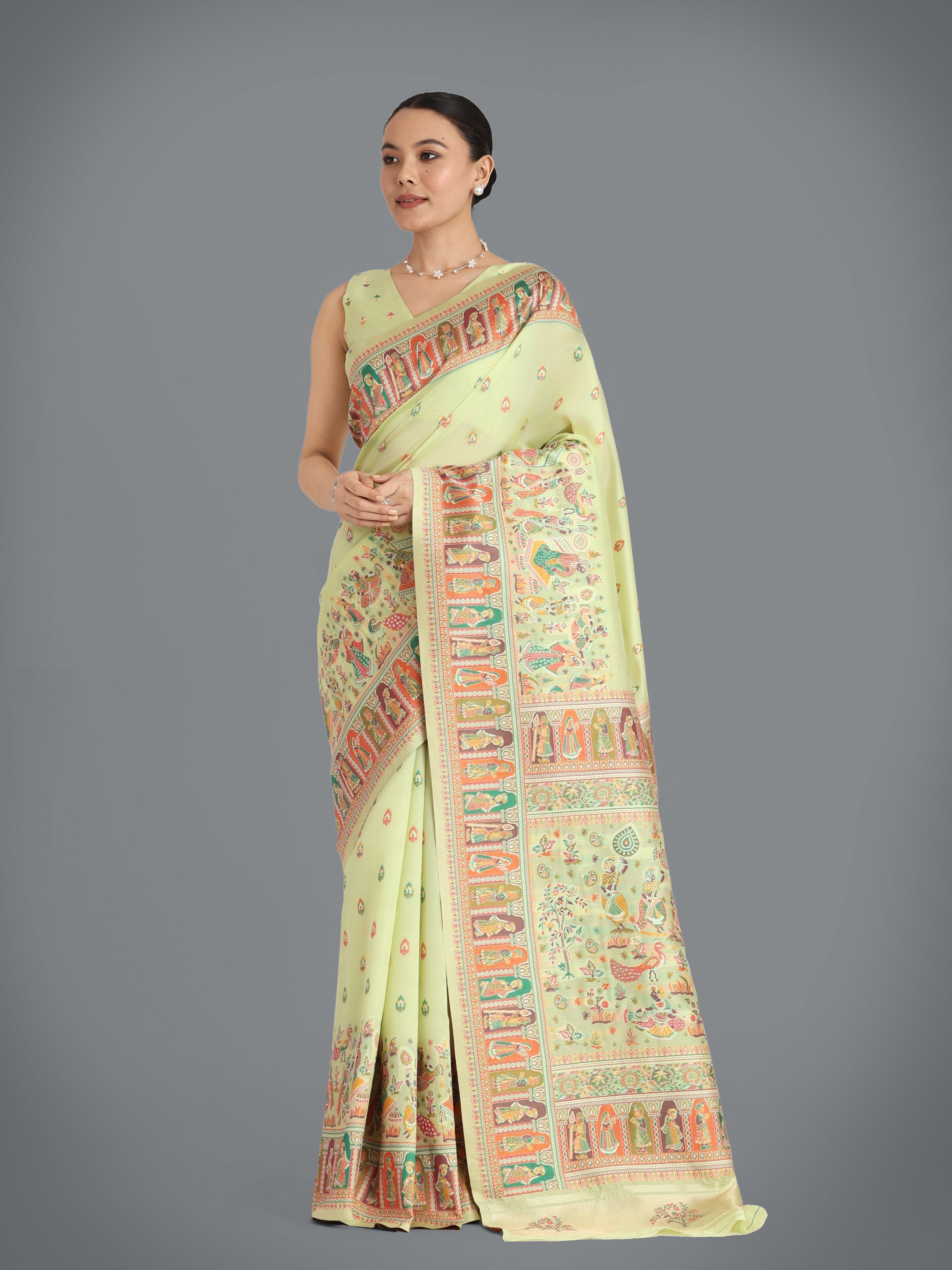 Pista colored Pashmina Silk saree with intricate gold zari woven patterns
