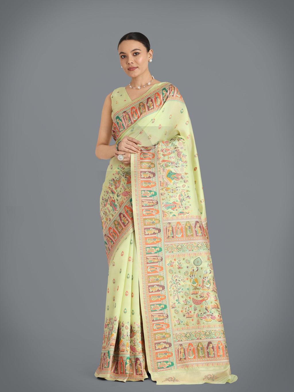 Pista Pashmina Silk Saree with Gold Zari Weave Unstitched