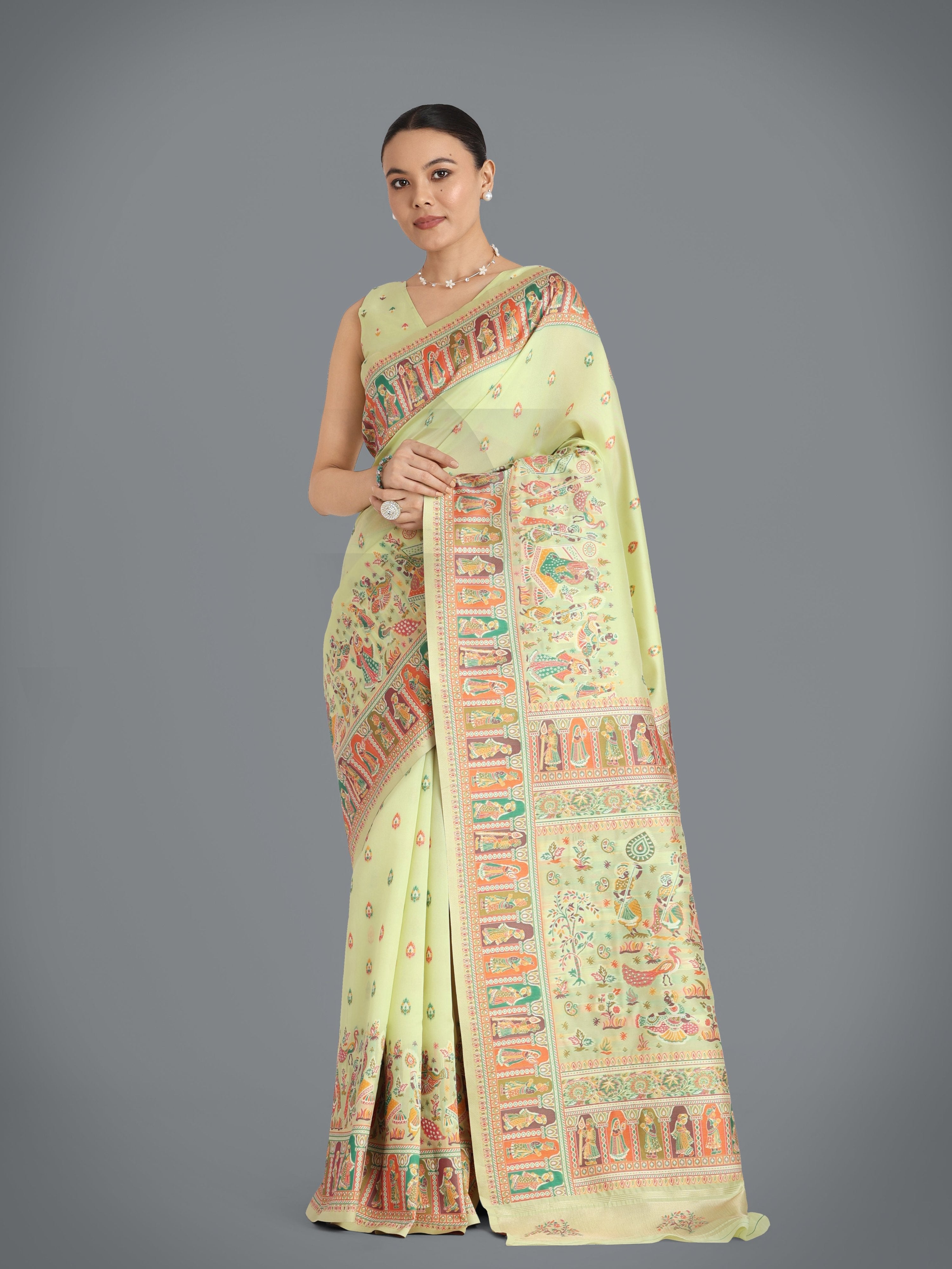 Pista Pashmina Silk Saree with Gold Zari Weave Unstitched