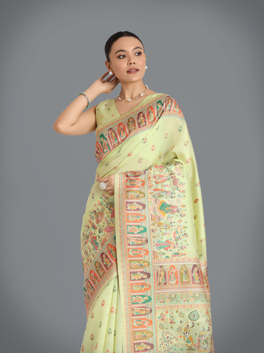 Pista Pashmina Silk Saree with Gold Zari Weave Unstitched
