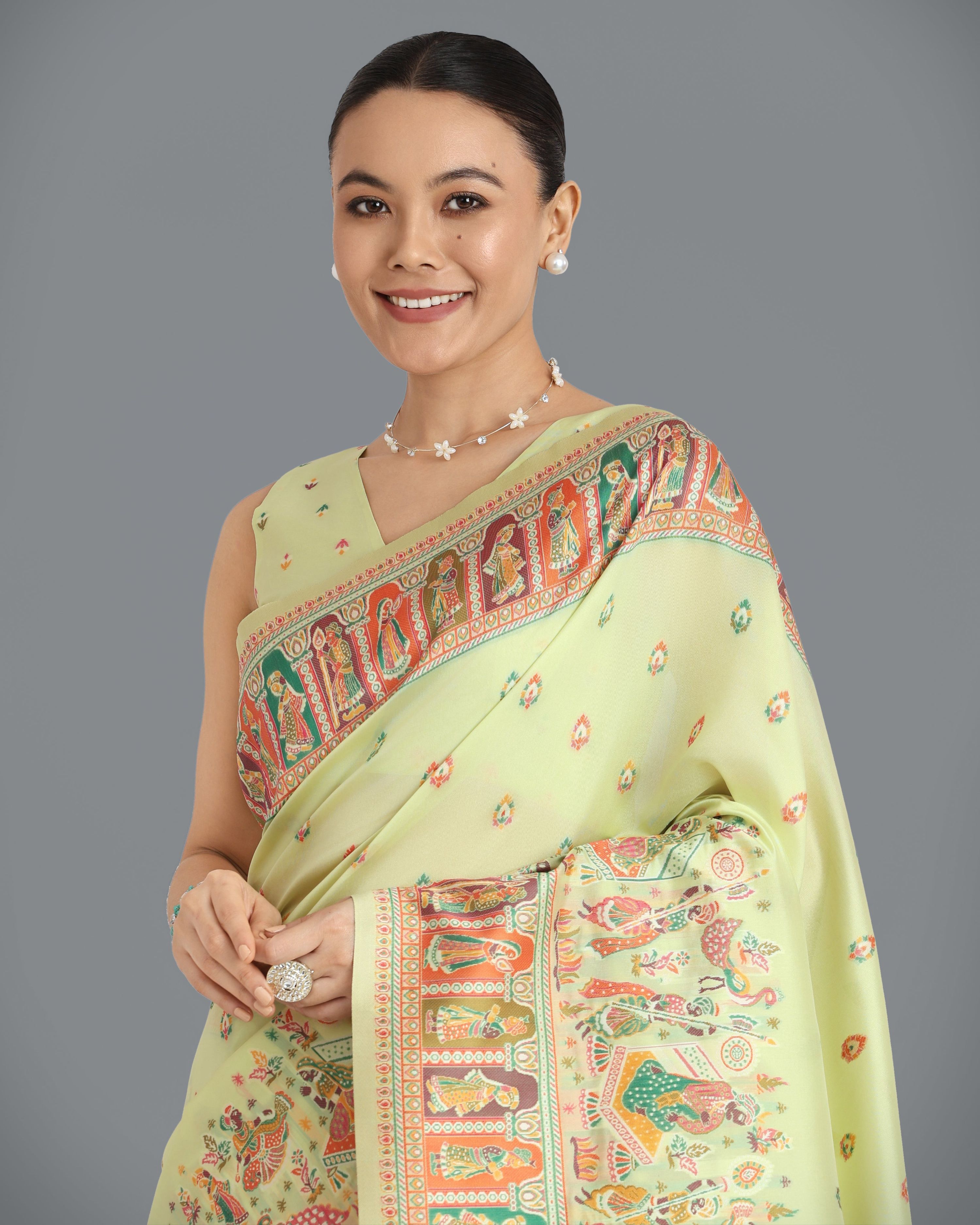 Pista Pashmina Silk Saree with Gold Zari Weave Unstitched