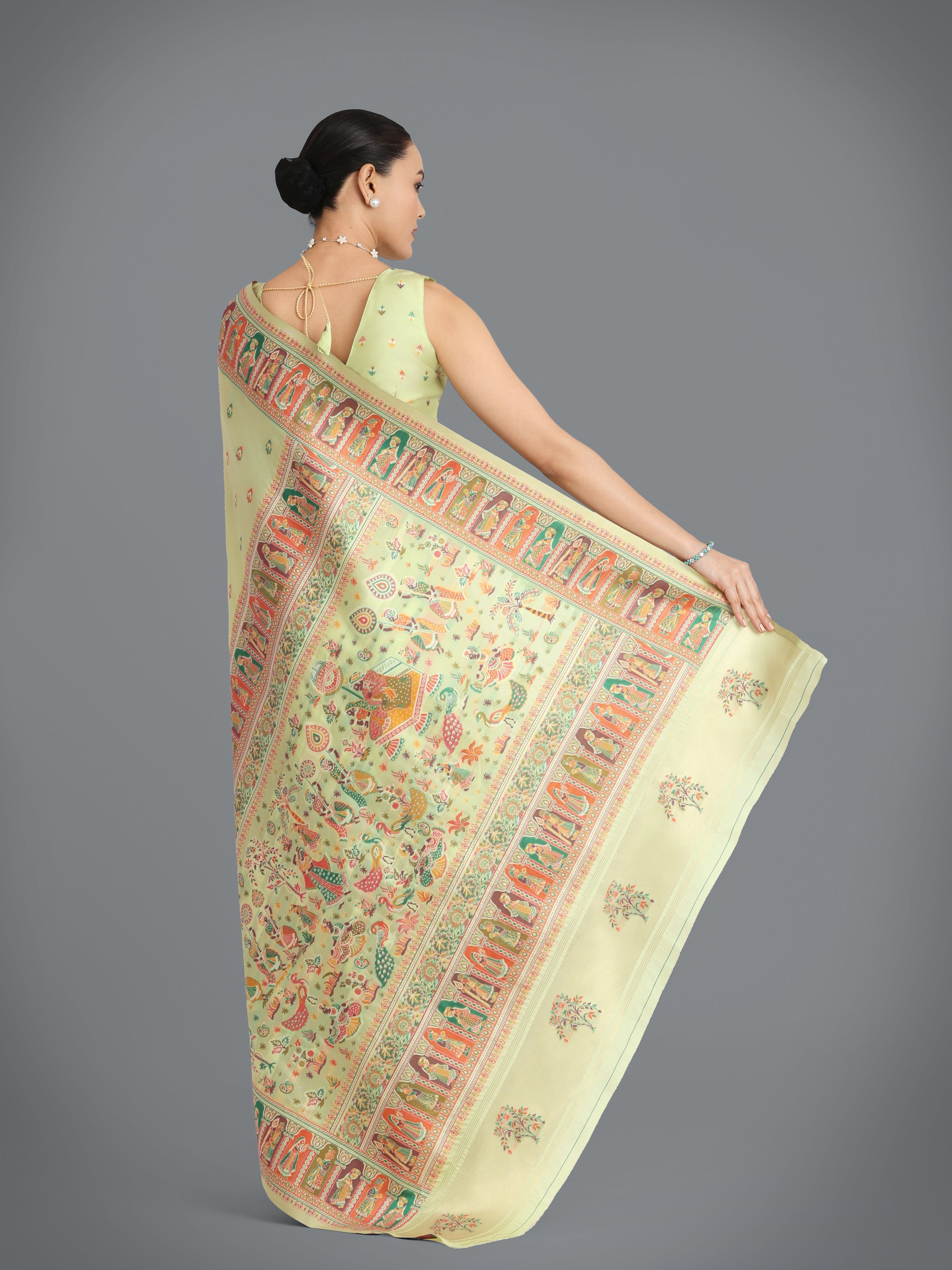 Pista Pashmina Silk Saree with Gold Zari Weave Unstitched