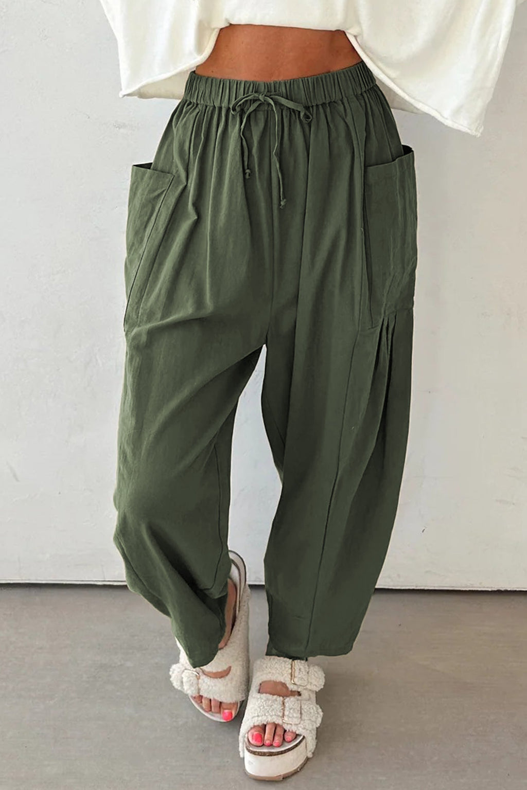 Jungle Green Drawstring Barrel Leg Casual Pants