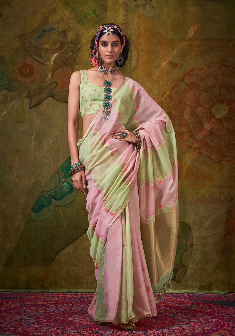 Handloom cotton saree in light green and pink with detailed weaving