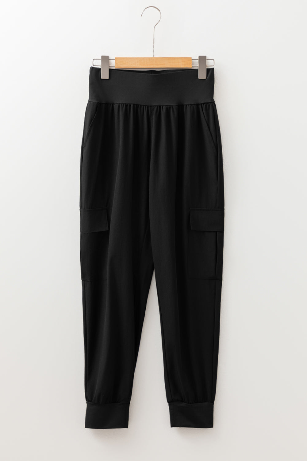 Solid Elastic High Waist Pocketed Cargo Jogger Pants