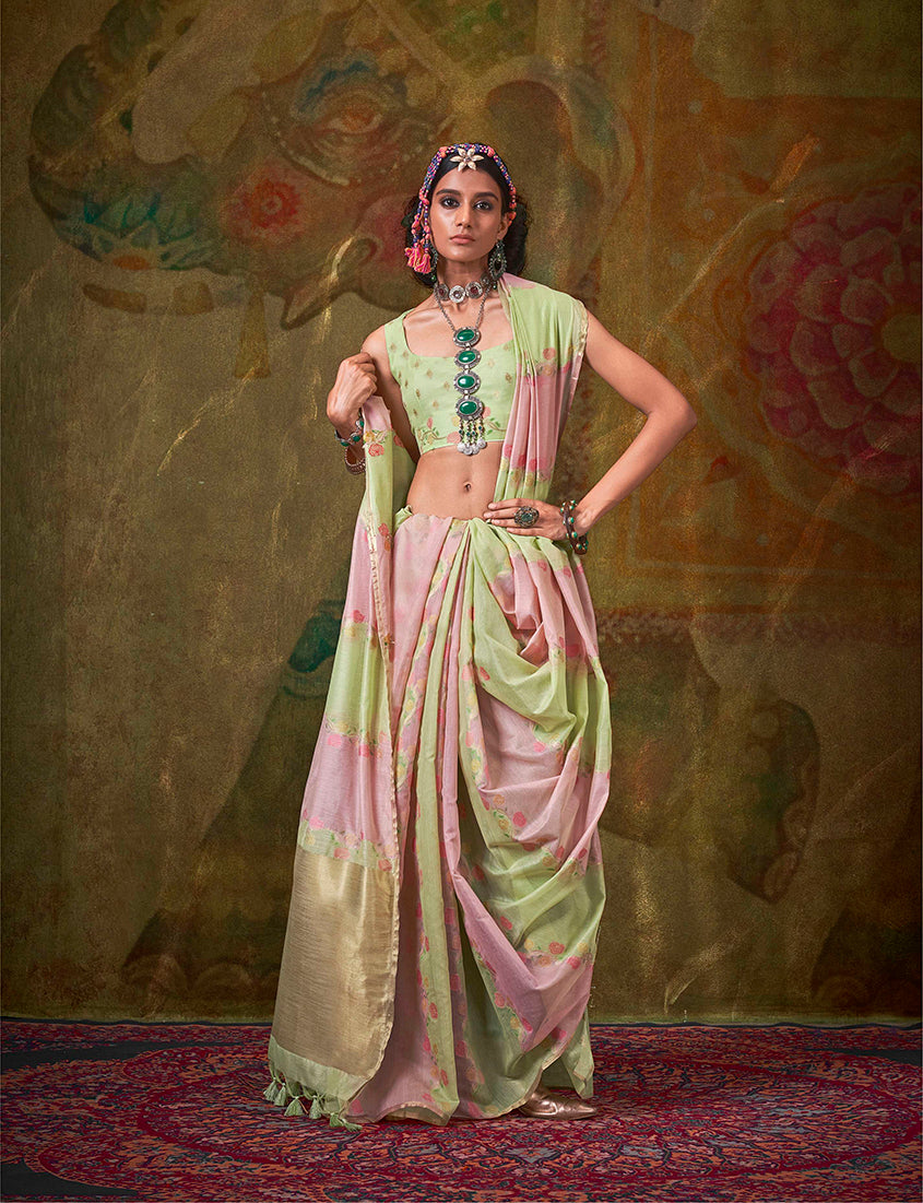 Handloom Cotton Saree in Light Green and Pink Weaving