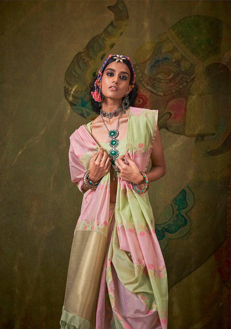 Handloom Cotton Saree in Light Green and Pink Weaving