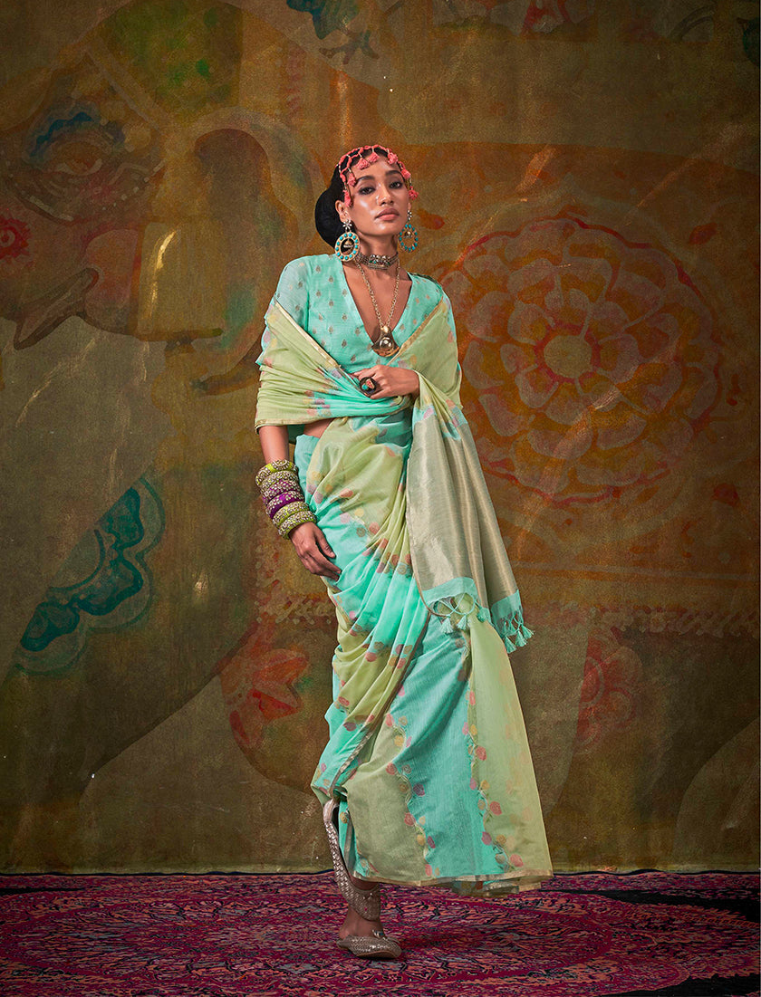 Handloom Cotton Green and Turquoise Weaving Contemporary Saree