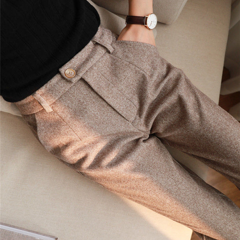 Women's Herringbone Wool-Like Tapered Trousers Ankle Length Pants - Image 3