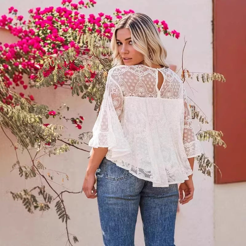 Women's French-Style White Lace Top, Boho Crew Neck Button Blouse