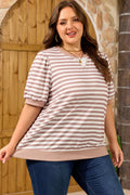 A dusty-rose and white striped knit T-shirt with bubble sleeves and a relaxed fit.